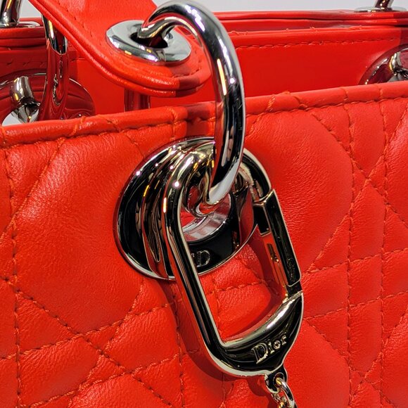 Dior Lady Dior Bright Red-Orange Quilted Lambskin and Charm - Picture 7 of 16